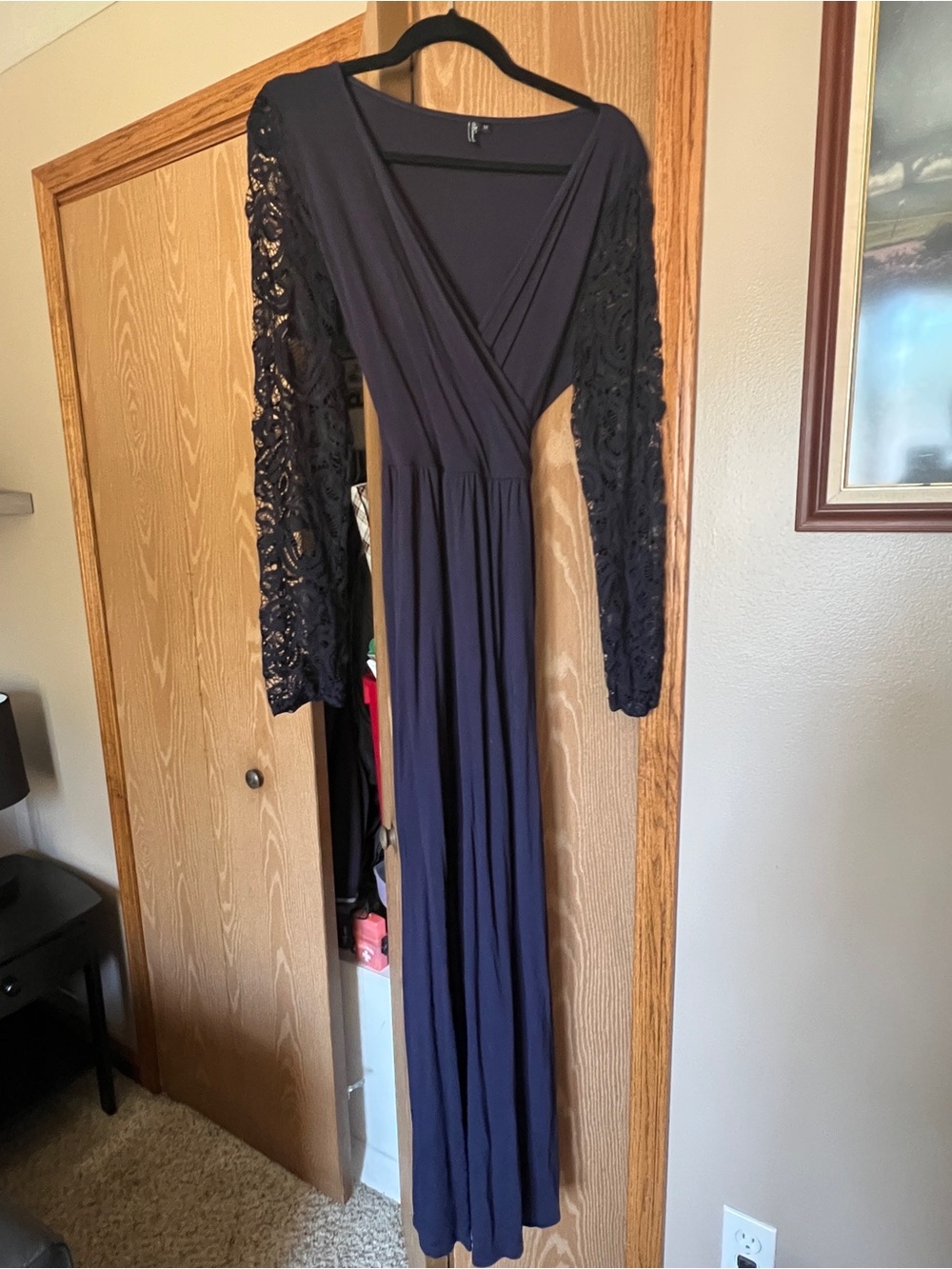 Women's Navy Lace-Sleeve Wrap Maxi Dress